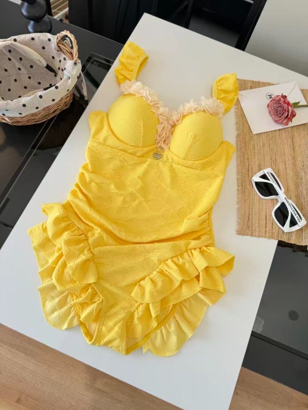 🥦🥦Chanel Yellow Ruffled, Floral-Embellished Swimdress🧀🧀